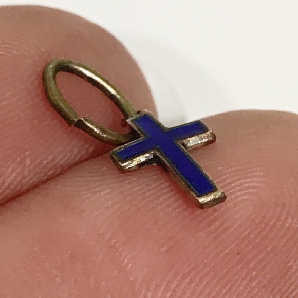 Vintage Tiny Blue Enamel Italian Cross Catholic Necklace Bracelet Pendant Charm - Picture 7 of 14